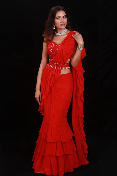Archana Kochhar Red Saree Georgette Blouse Raw Silk Shimmering Rouge Pre-drape Set 