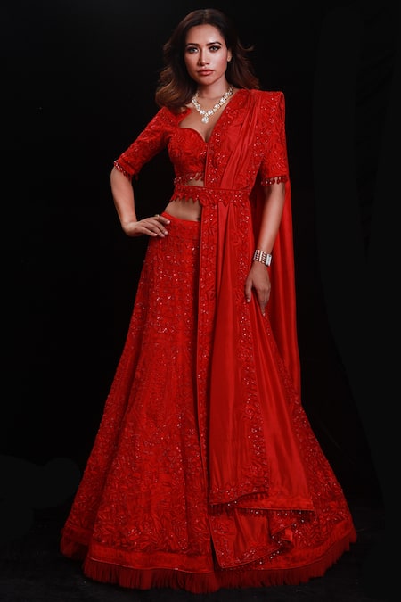 Archana Kochhar Shimmering Rouge Embroidered Bridal Lehenga Set 