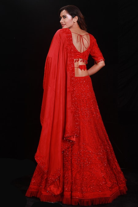 Archana Kochhar Shimmering Rouge Embroidered Bridal Lehenga Set 