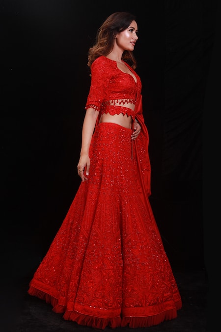 Archana Kochhar_Red Lehenga And Blouse Organza Dupatta Shimmering Rouge Embroidered Bridal Set _Online_at_Aza_Fashions
