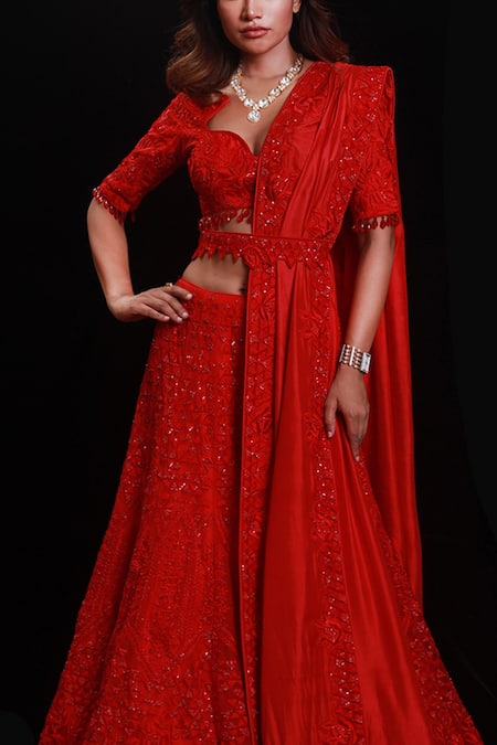 Buy_Archana Kochhar_Red Lehenga And Blouse Organza Dupatta Shimmering Rouge Embroidered Bridal Set _Online_at_Aza_Fashions