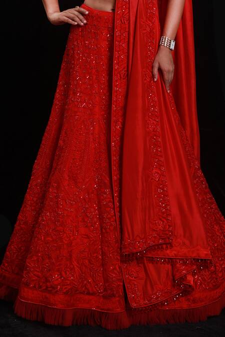 Shop_Archana Kochhar_Red Lehenga And Blouse Organza Dupatta Shimmering Rouge Embroidered Bridal Set _Online_at_Aza_Fashions