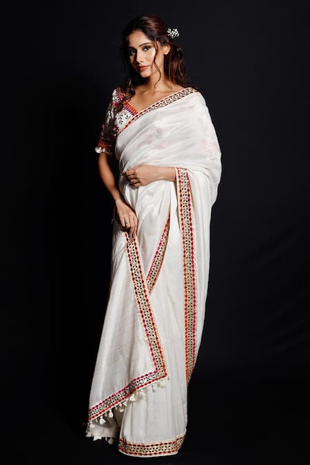 Archana Kochhar White Saree (vegan And Eco Friendly) Blouse Raw With Embroidered 