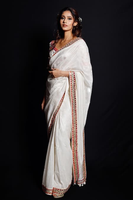 Shop Archana Kochhar White Saree (vegan And Eco Friendly) Blouse Raw With Embroidered at Aza Fashions Shop_Archana Kochhar_White Saree (vegan And Eco Friendly) Blouse Raw With Embroidered _at_Aza_Fashions