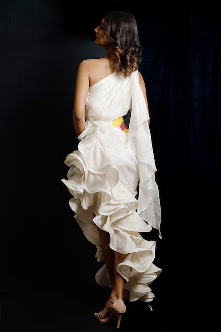 Shop_Archana Kochhar_White Chanderi (vegan And Eco Friendly) Synchronized Scintillation Ruffle Gown _at_Aza_Fashions