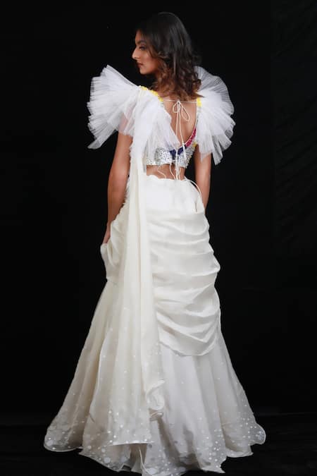 Shop_Archana Kochhar_White Chanderi Cutdana, Sequins, Beads Draped Lehenga Saree With Ruffle Blouse _at_Aza_Fashions