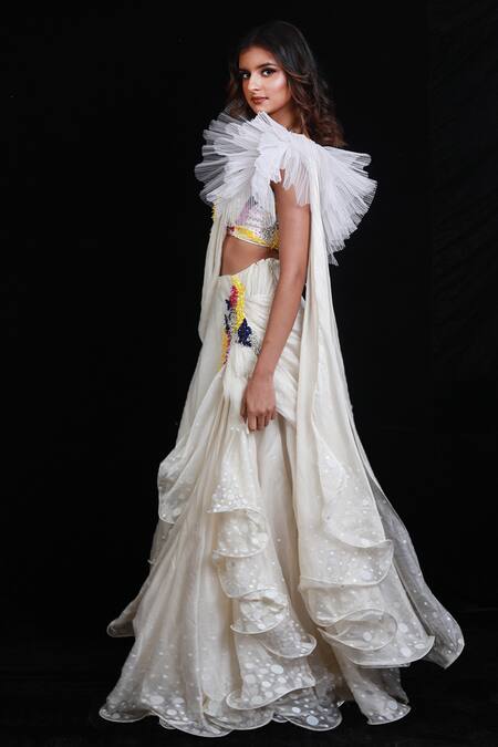 Archana Kochhar_White Chanderi Cutdana, Sequins, Beads Draped Lehenga Saree With Ruffle Blouse _Online_at_Aza_Fashions