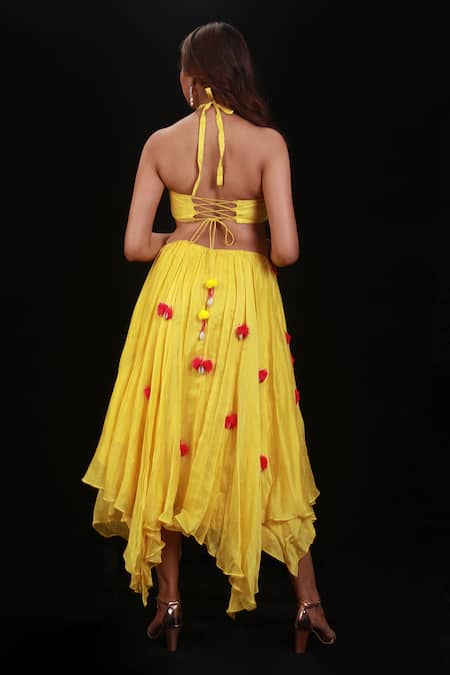 Shop Archana Kochhar Yellow Chanderi (vegan And Eco Friendly) Embroidered Handkerchief Skirt Set at Aza Fashions Shop_Archana Kochhar_Yellow Chanderi (vegan And Eco Friendly) Embroidered Handkerchief Skirt Set _at_Aza_Fashions