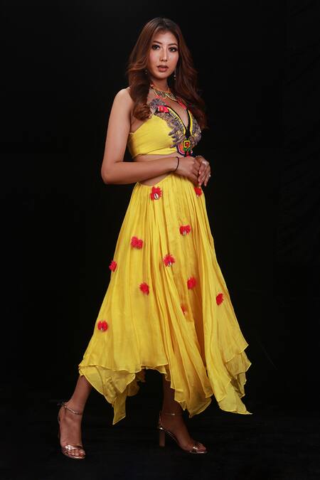 Archana Kochhar Yellow Chanderi (vegan And Eco Friendly) Embroidered Handkerchief Skirt Set Online at Aza Fashions Archana Kochhar_Yellow Chanderi (vegan And Eco Friendly) Embroidered Handkerchief Skirt Set _Online_at_Aza_Fashions