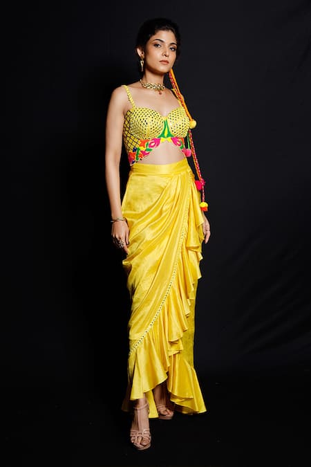 Archana Kochhar_Yellow Dhoti Chanderi (vegan And Eco Embroidered Corset & Draped Skirt Set _Online_at_Aza_Fashions