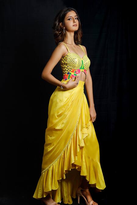 Buy_Archana Kochhar_Yellow Dhoti Chanderi (vegan And Eco Embroidered Corset & Draped Skirt Set _Online_at_Aza_Fashions