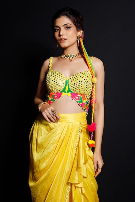 Shop_Archana Kochhar_Yellow Dhoti Chanderi (vegan And Eco Embroidered Corset & Draped Skirt Set _Online_at_Aza_Fashions