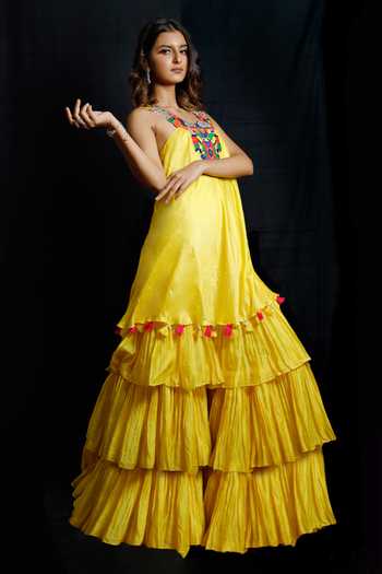 Archana Kochhar_Yellow Chanderi (vegan And Eco Friendly) Resham, Embroidered Kurta & Sharara Set _Online_at_Aza_Fashions