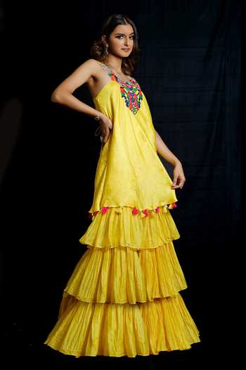 Buy_Archana Kochhar_Yellow Chanderi (vegan And Eco Friendly) Resham, Embroidered Kurta & Sharara Set _Online_at_Aza_Fashions