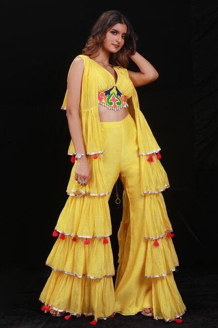 Archana Kochhar Yellow Chanderi (vegan And Eco Friendly) Resham, Palazzo Set With Ruffle Jacket Online at Aza Fashions Archana Kochhar_Yellow Chanderi (vegan And Eco Friendly) Resham, Palazzo Set With Ruffle Jacket _Online_at_Aza_Fashions