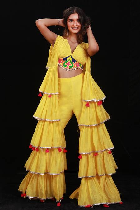 Buy Archana Kochhar Yellow Chanderi (vegan And Eco Friendly) Resham, Palazzo Set With Ruffle Jacket Online at Aza Fashions Buy_Archana Kochhar_Yellow Chanderi (vegan And Eco Friendly) Resham, Palazzo Set With Ruffle Jacket _Online_at_Aza_Fashions