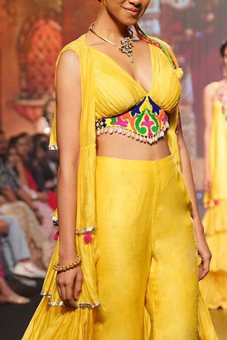 Shop Archana Kochhar Yellow Chanderi (vegan And Eco Friendly) Resham, Palazzo Set With Ruffle Jacket Online at Aza Fashions Shop_Archana Kochhar_Yellow Chanderi (vegan And Eco Friendly) Resham, Palazzo Set With Ruffle Jacket _Online_at_Aza_Fashions