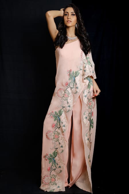 Archana Kochhar_Pink Georgette And Scuba Floral Motifs One Shoulder Paradise Printed Jumpsuit _Online_at_Aza_Fashions