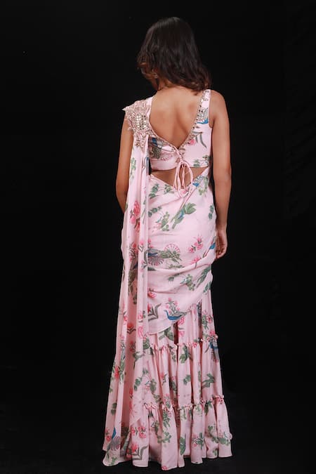 Archana Kochhar Pink Georgette Floral Motifs V Neck Paradise Printed Palazzo Saree With Blouse Online at Aza Fashions Archana Kochhar_Pink Georgette Floral Motifs V Neck Paradise Printed Palazzo Saree With Blouse _Online_at_Aza_Fashions