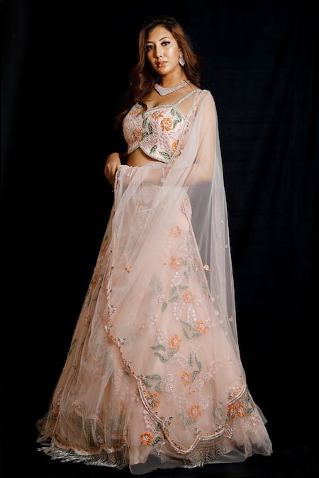 Archana Kochhar_Pink Net Cutdana, Resham, Sequins Sweetheart Neck Floral Embroidered Lehenga Set _Online_at_Aza_Fashions