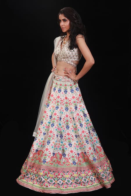 Archana Kochhar_White Lehenga And Blouse Raw Silk Dupatta Net Shehnaz Print Bridal Set _Online_at_Aza_Fashions