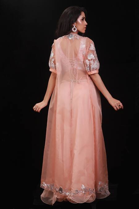 Shop Archana Kochhar Peach Organza Floral Motifs V Neck Embroidered Jacket And Palazzo Set at Aza Fashions Shop_Archana Kochhar_Peach Organza Floral Motifs V Neck Embroidered Jacket And Palazzo Set _at_Aza_Fashions