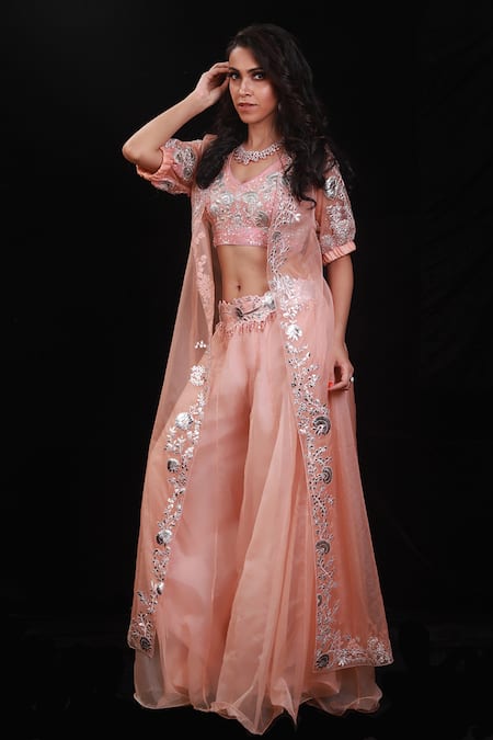 Archana Kochhar Peach Organza Floral Motifs V Neck Embroidered Jacket And Palazzo Set Online at Aza Fashions Archana Kochhar_Peach Organza Floral Motifs V Neck Embroidered Jacket And Palazzo Set _Online_at_Aza_Fashions