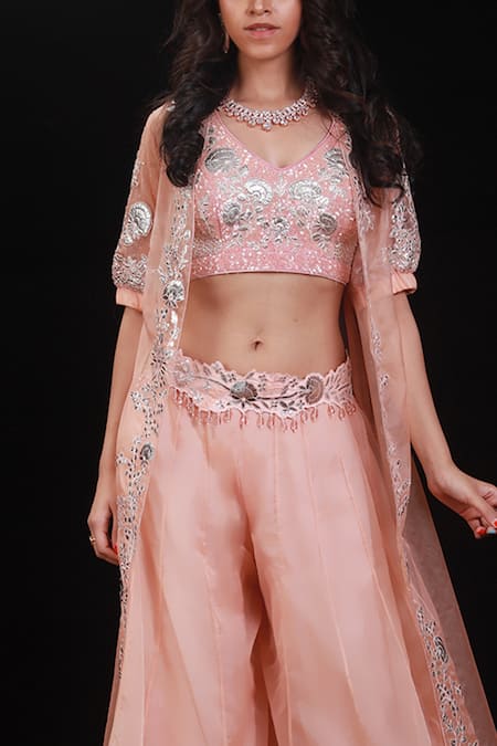 Buy Archana Kochhar Peach Organza Floral Motifs V Neck Embroidered Jacket And Palazzo Set Online at Aza Fashions Buy_Archana Kochhar_Peach Organza Floral Motifs V Neck Embroidered Jacket And Palazzo Set _Online_at_Aza_Fashions