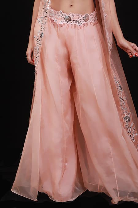 Shop Archana Kochhar Peach Organza Floral Motifs V Neck Embroidered Jacket And Palazzo Set Online at Aza Fashions Shop_Archana Kochhar_Peach Organza Floral Motifs V Neck Embroidered Jacket And Palazzo Set _Online_at_Aza_Fashions