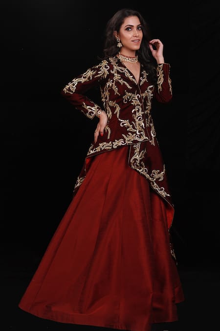 Archana Kochhar_Maroon Lehenga Raw Silk Jacket Velvet Kasab Thread And Sequins V Neck & Set _Online_at_Aza_Fashions
