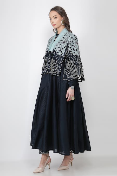 Jajaabor_Blue Silk Chanderi Sequin Round Cape And Anarkali Set_Online_at_Aza_Fashions