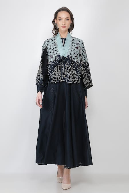Buy_Jajaabor_Blue Silk Chanderi Sequin Round Cape And Anarkali Set_Online_at_Aza_Fashions