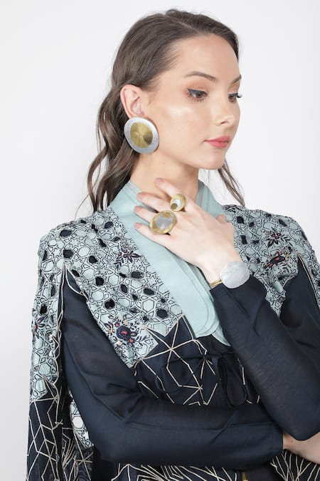 Shop_Jajaabor_Blue Silk Chanderi Sequin Round Cape And Anarkali Set_Online_at_Aza_Fashions