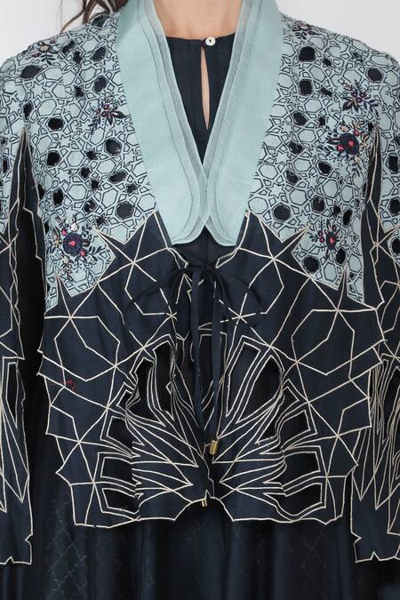 Jajaabor_Blue Silk Chanderi Sequin Round Cape And Anarkali Set_at_Aza_Fashions