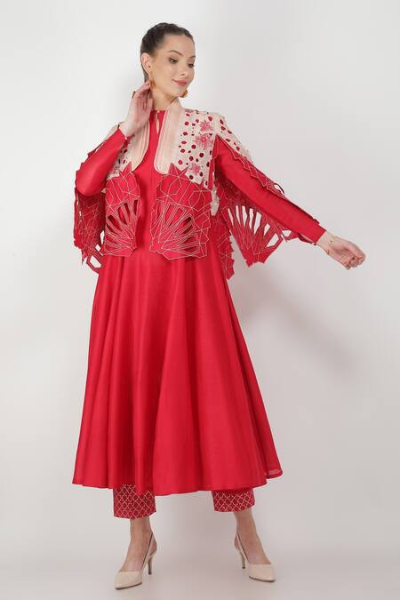 Jajaabor_Pink Silk Chanderi Sequin Round Cape And Anarkali Set_Online_at_Aza_Fashions