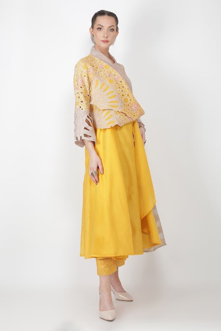Jajaabor_Yellow Brocade And Organza, Chanderi Thread V Draped Kurta & Pant Set_Online_at_Aza_Fashions