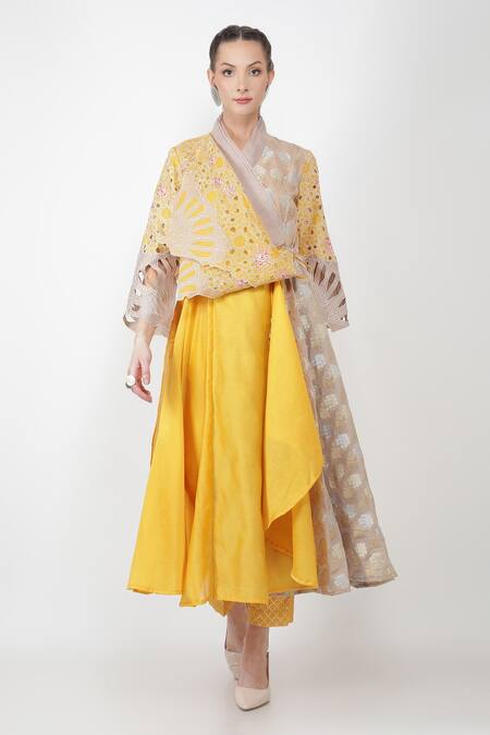 Shop_Jajaabor_Yellow Brocade And Organza, Chanderi Thread V Draped Kurta & Pant Set_Online_at_Aza_Fashions