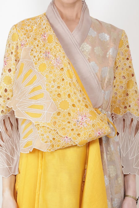 Jajaabor_Yellow Brocade And Organza, Chanderi Thread V Draped Kurta & Pant Set_at_Aza_Fashions