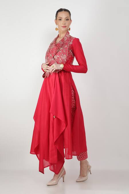 Buy_Jajaabor_Pink Chanderi And Organza Thread & Sequin Cowl Kurta & Pant Set_Online_at_Aza_Fashions