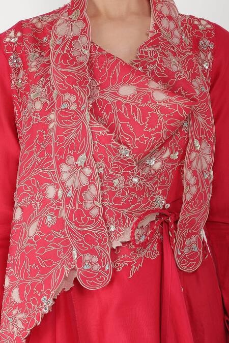 Jajaabor_Pink Chanderi And Organza Thread & Sequin Cowl Kurta & Pant Set_at_Aza_Fashions