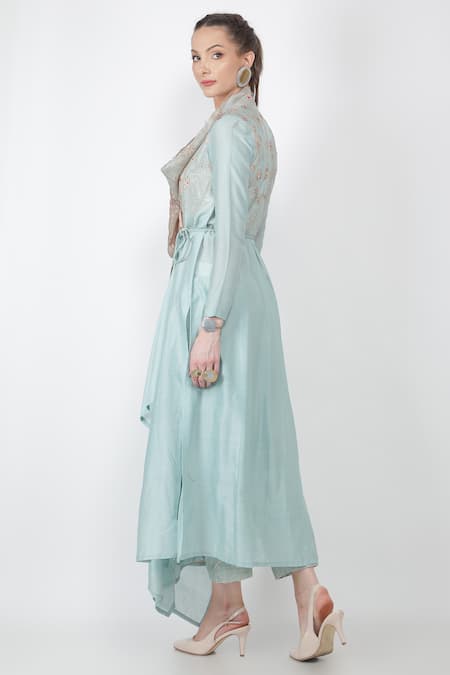 Jajaabor_Blue Chanderi And Organza Thread & Sequin Cowl Kurta & Pant Set_Online_at_Aza_Fashions