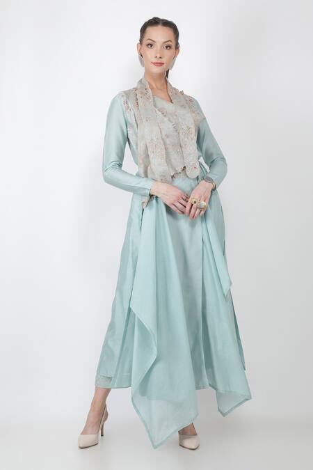 Buy_Jajaabor_Blue Chanderi And Organza Thread & Sequin Cowl Kurta & Pant Set_Online_at_Aza_Fashions
