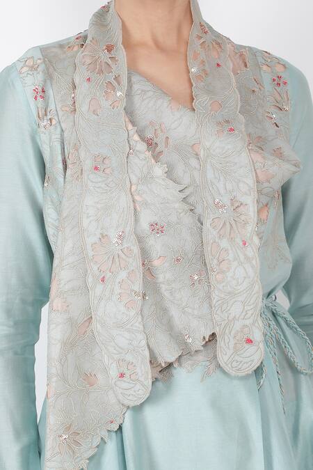 Jajaabor_Blue Chanderi And Organza Thread & Sequin Cowl Kurta & Pant Set_at_Aza_Fashions