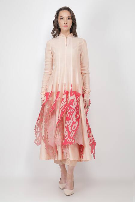 Buy_Jajaabor_Pink Chanderi And Organza Band Anarkali & Pant Set_Online_at_Aza_Fashions