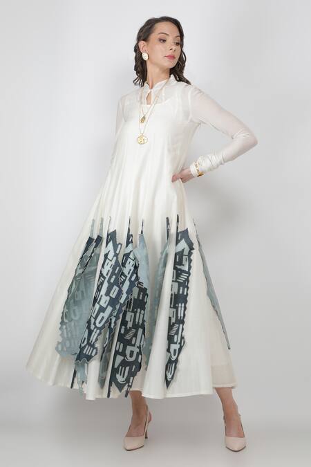 Buy_Jajaabor_White Chanderi And Organza Band Anarkali & Pant Set _Online_at_Aza_Fashions