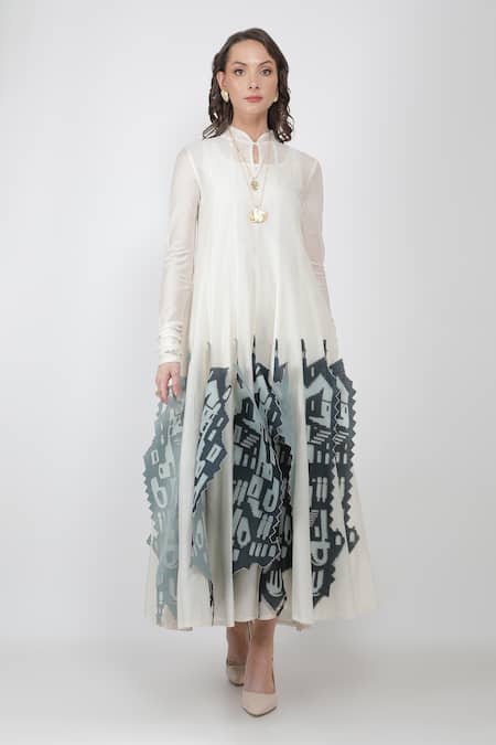 Shop_Jajaabor_White Chanderi And Organza Band Anarkali & Pant Set _Online_at_Aza_Fashions