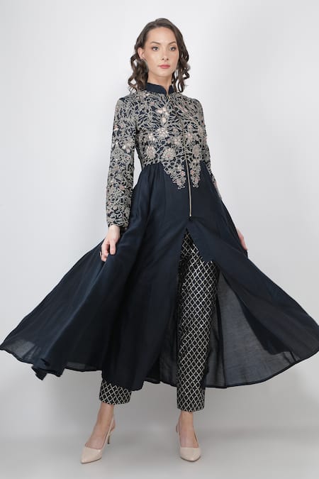 Jajaabor_Blue Chanderi And Organza Thread & Sequin Jacket Anarkali & Pant Set _Online_at_Aza_Fashions