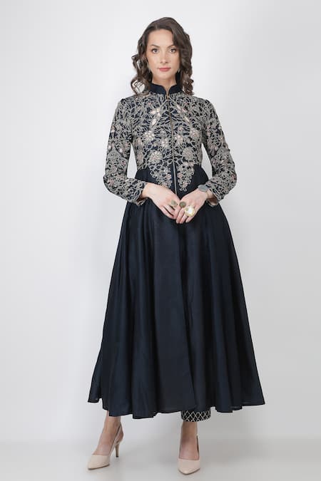 Buy_Jajaabor_Blue Chanderi And Organza Thread & Sequin Jacket Anarkali & Pant Set _Online_at_Aza_Fashions