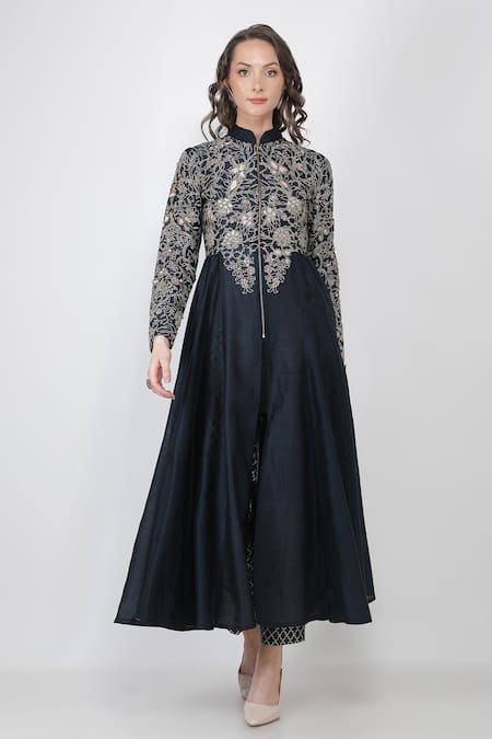 Shop_Jajaabor_Blue Chanderi And Organza Thread & Sequin Jacket Anarkali & Pant Set _Online_at_Aza_Fashions