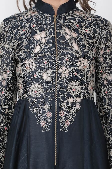 Jajaabor_Blue Chanderi And Organza Thread & Sequin Jacket Anarkali & Pant Set _at_Aza_Fashions